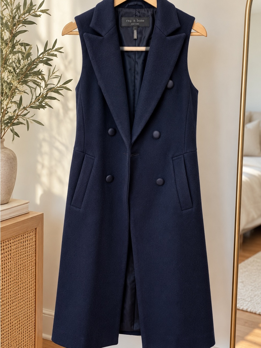 Rag & Bone Navy Blue Double-Breasted Sleeveless Longline Coat Vest